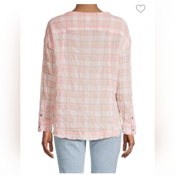 Beachlunchlounge Women's Mia Top Large Long Sleeve Pink Plaid Raw Hem - Picture 2 of 13